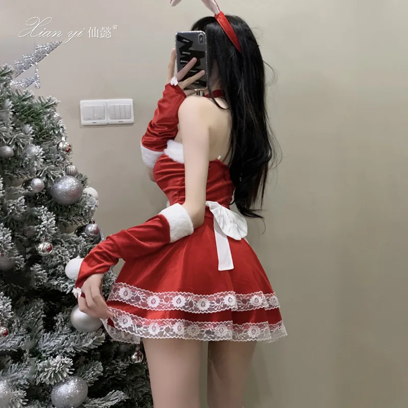 女性用ドレス クリスマスコスチューム プラッシュレーストリム ストラップレス バニーガール パフォーマンス衣装 コスプレ制服セット クリスマスドレス