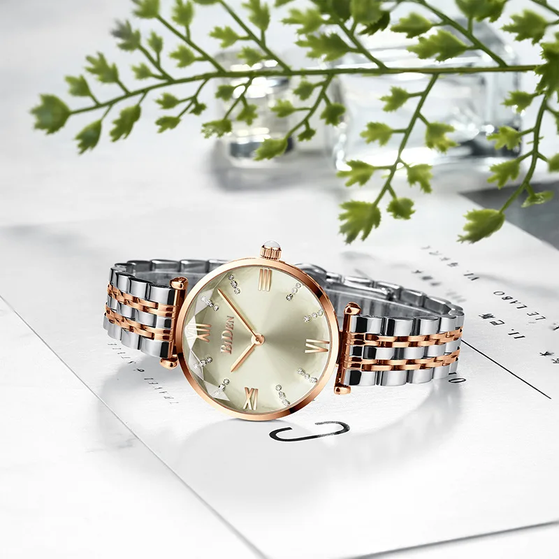 Reloj elegante para mujer de la mejor marca BIDEN, relojes simples de acero inoxidable y oro rosa para mujer, reloj de pulsera de cuarzo resistente al agua a la moda