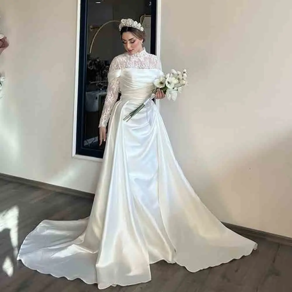 Customized Minimalist Satin Wedding Dress with Detachable Train Fold Pleated Bodice Ruched Waist Bridal Gown with Long Sleeves