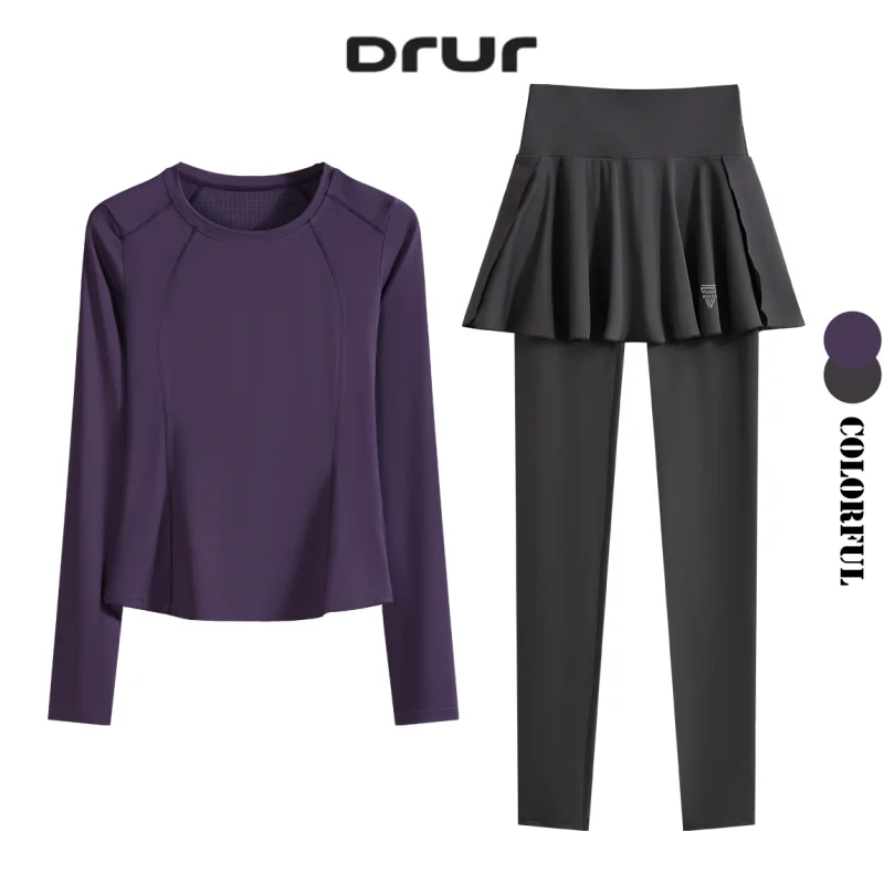 DRUR Women's Tennis Skirt Set 2 Piece Gym Top High Waist 2 in 1 Leggings Suit Autumn Yoga Outfits Running Workout Activewear New