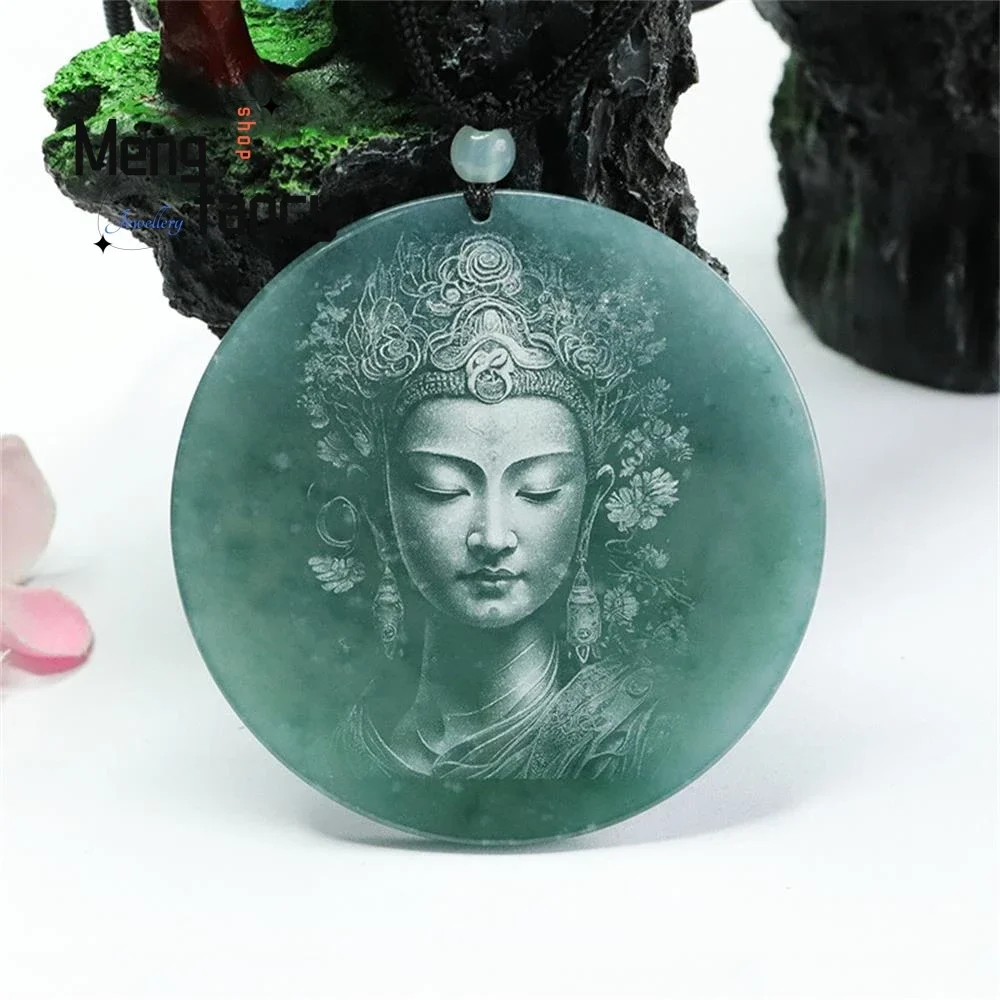 

Natural Jadeite Blue Water Exquisite Elegant Simple High-grade Guanyin Bodhisattva Shadow Carving Jade Pendant Fashion Jewelry