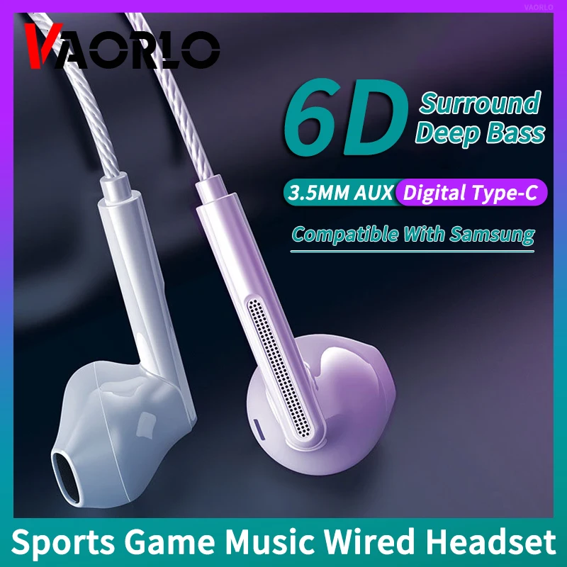 6D Heavy Bass Headset 3.5MM AUX/Type-C Digital Hifi Wired Earphone With HD Mic No Delay Sports Music Earbuds For Samsung Android