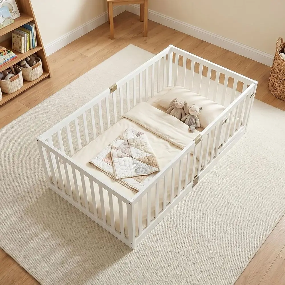 

Twin Size Floor Bed with High Rails - Rubber Wood with Door & 6 Slats, Easy Assembly, White