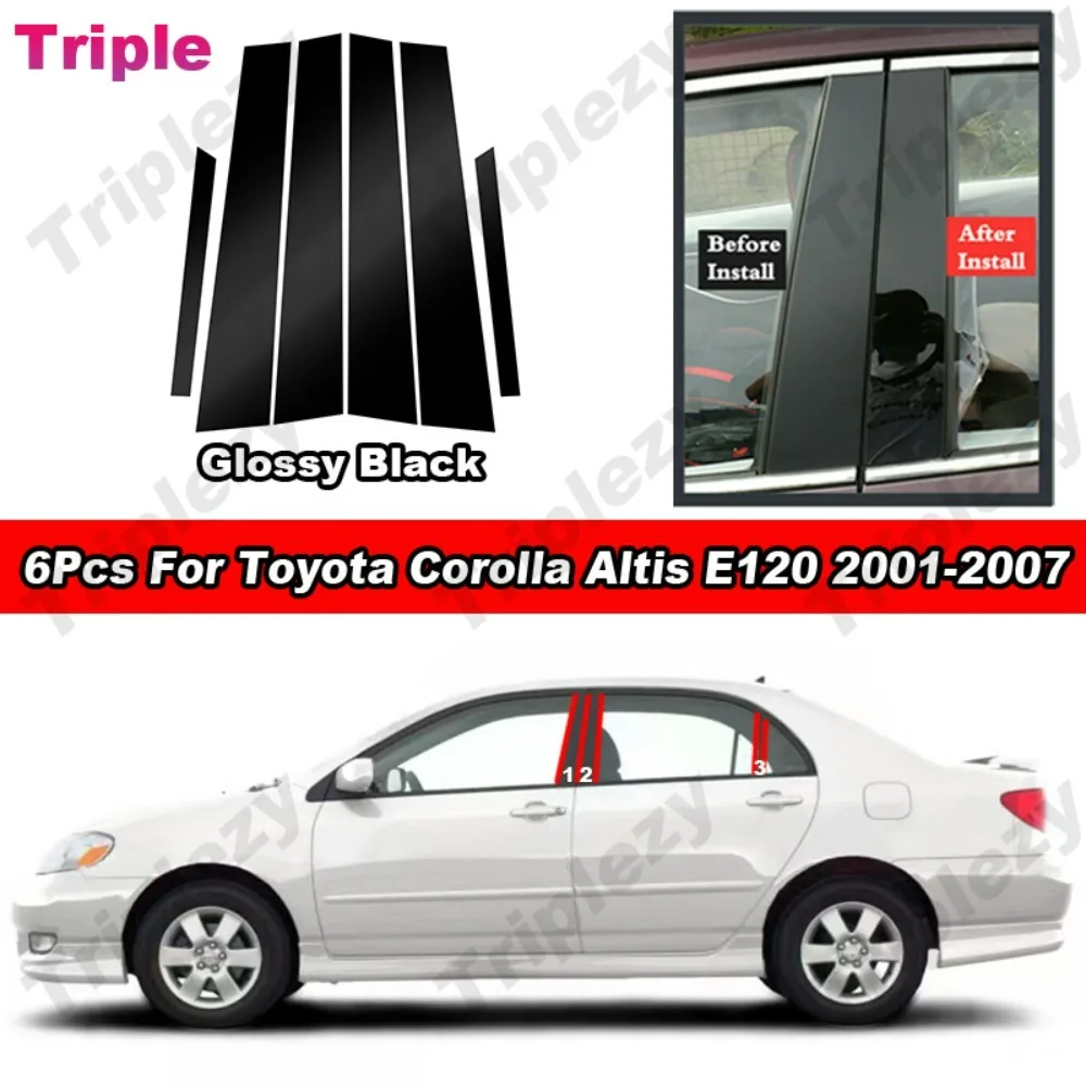 Glossy Black Car Door Window Center Middle Column B C Pillar Post Cover Trim Mirror Effect Sticker For Toyota Corolla Altis E120