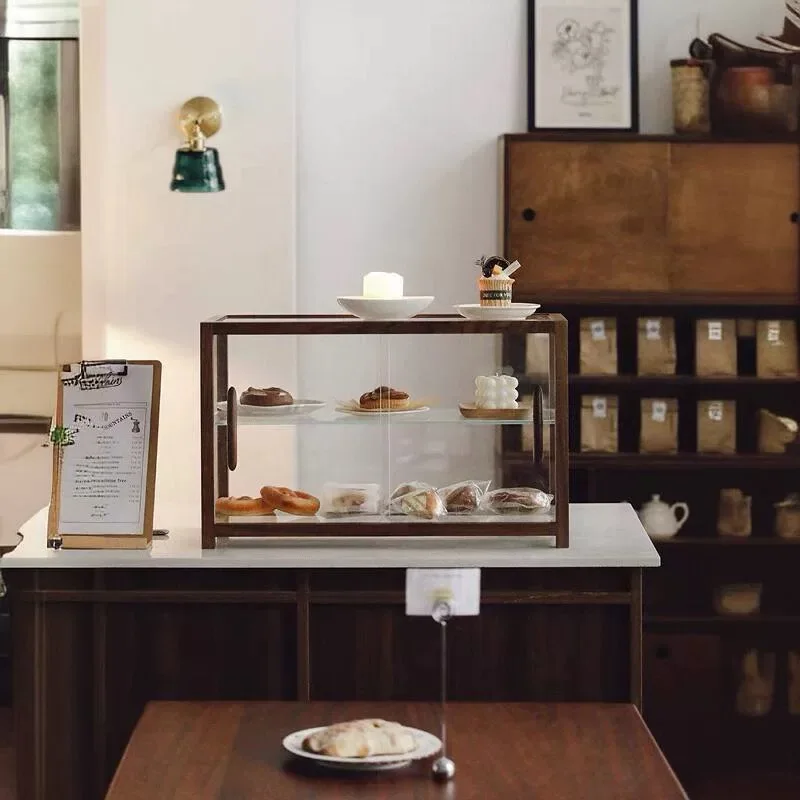 Walnut solid wood cafe glass bread dessert cake display cabinet tea set tea cup coffee cup display storage cabinet