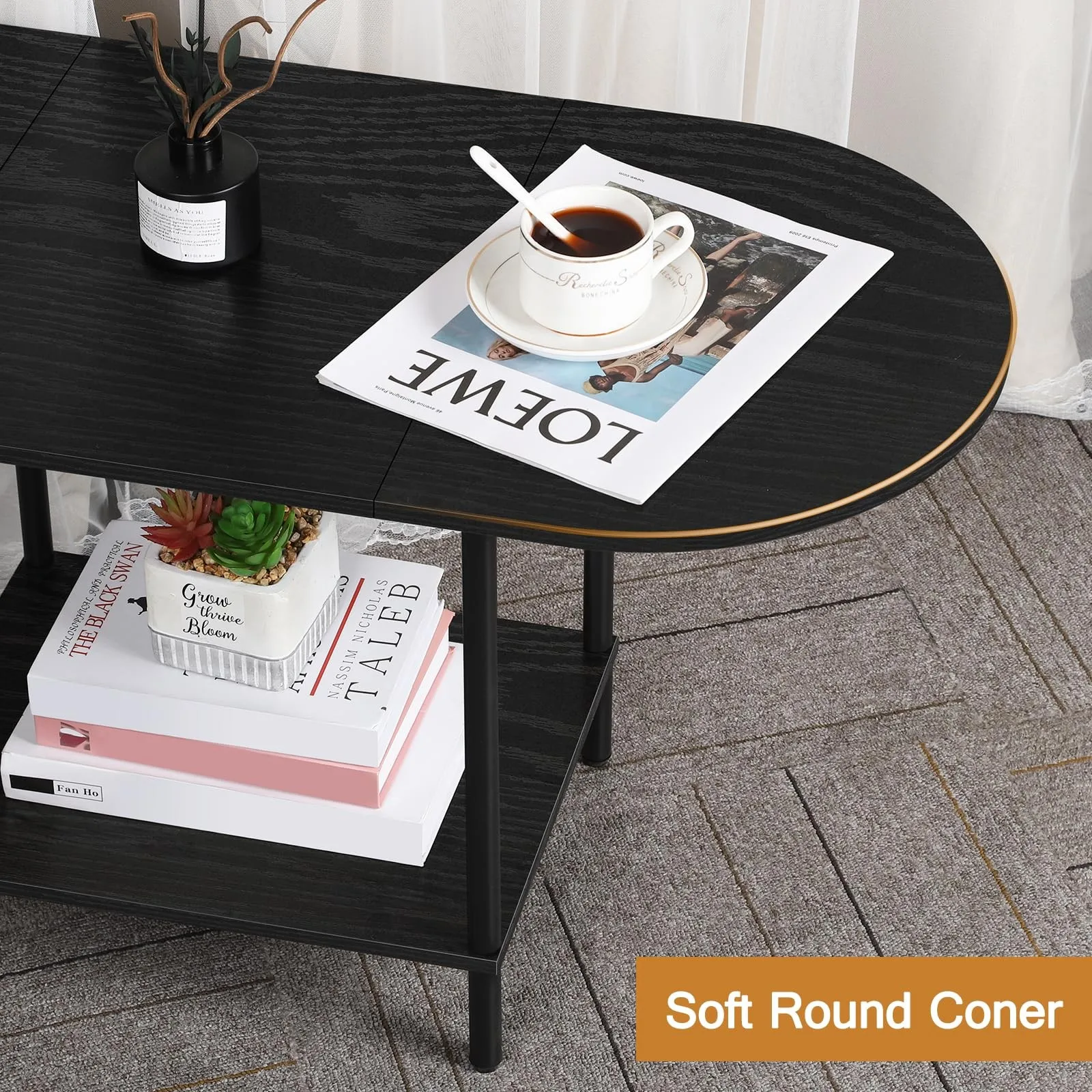 طاولات المقهى، طاولة قهوة بيضاوية سوداء أنيقة مع تصميم من طبقتين لغرفة المعيشة، طاولة مركزية صغيرة، مظهر حديث لمنتصف القرن #5