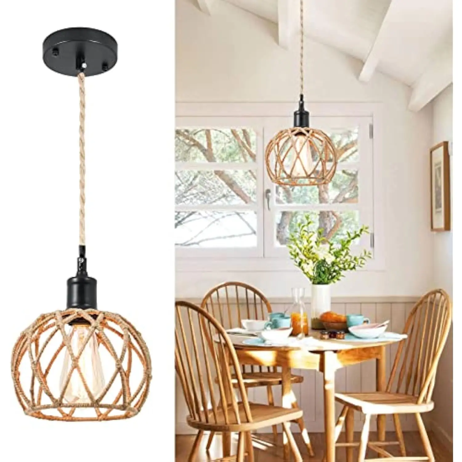 

Boho Rustic Industrial Woven Pendant Light, Hand-Woven Rattan Hemp Rope Mini Cage Hanging Lamp, Adjustable Height, Farmhouse Re