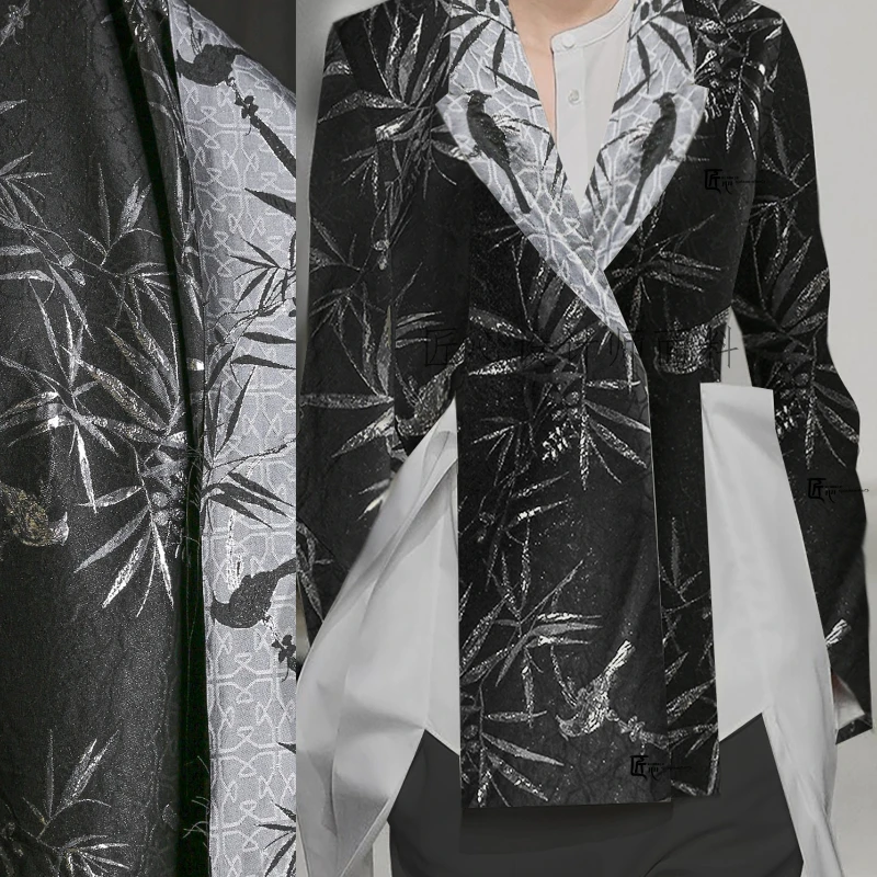 Texture Silhouette Black and White Silver Bamboo Sparrow Jacquard Weave Brocade Chinese Style Horse Face Skirt Suit Fabric