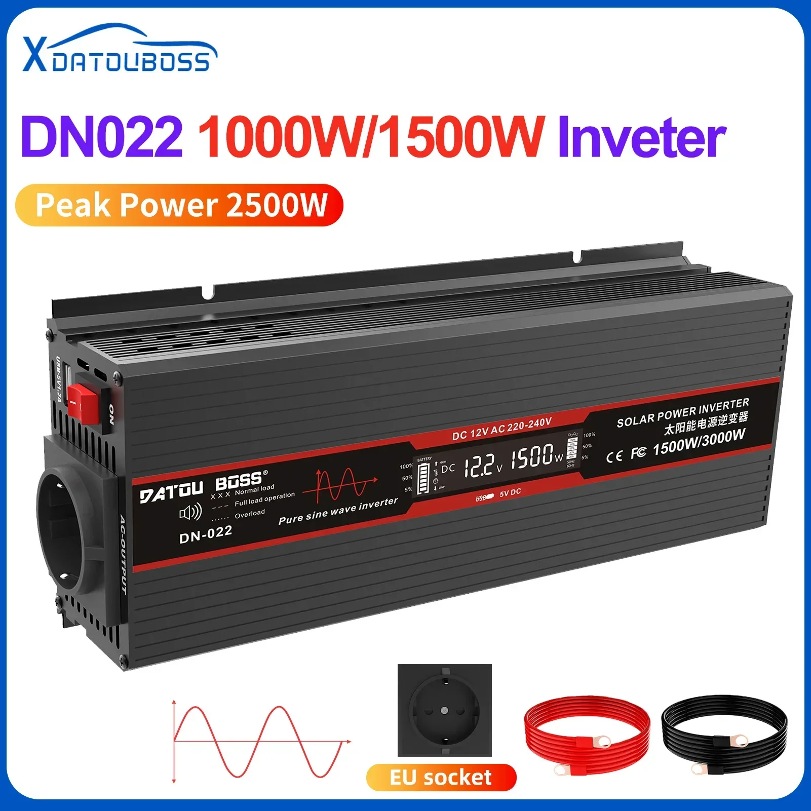 DATOUBOSS Pure Sine Wave Inverter Power Inverter 12V to 220V Pure Sine Inverter Continuous Power 1500W With USB 5V 2.1A Plug