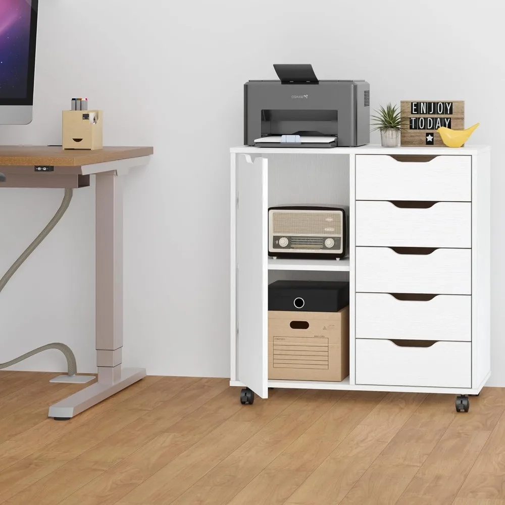 

5-Drawer Chest with 1 Door, Wooden Chest of Drawers Storage Dresser Cabinet with Wheels, Office Organization and Storage