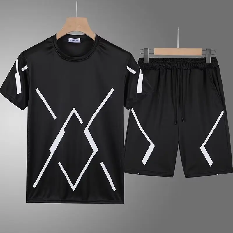Men's Two Piece Set White & Black Geometric Print Short Sleeve T-Shirt Shorts Casual Daily Sports Matching Outfit