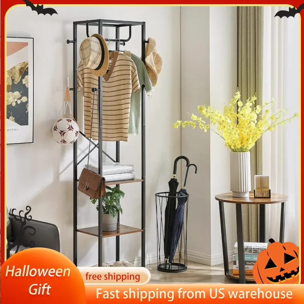 

Coat Rack with Shelves, Freestanding Hall Tree with 3 Shelves and 8 Hooks, Industrial Clothes Stand for Entryway, Hallway