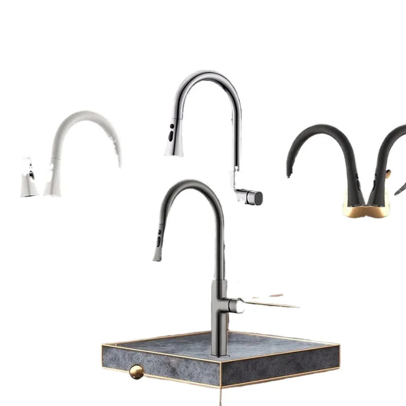 Household kitchen pulling faucet, rotatable dishwashing basin hot and cold belt, brush head sink telescopic table faucet