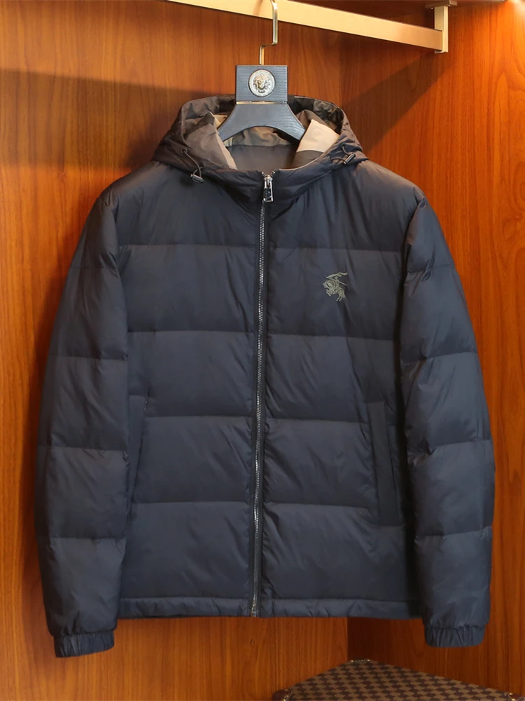 

Высококачественный европейский мужской пуховик из 90% белого пуха с вышивкой, зимний теплый приталенный пуховик с капюшоном, молодежный, из полиэфирного волокна