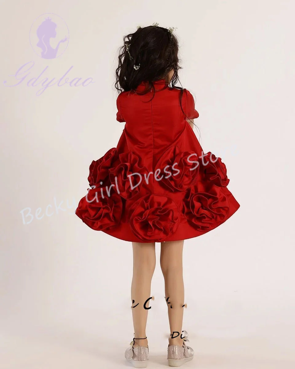 فساتين فتاة الزهور الحمراء المخصصة لحفلات الزفاف ذات الياقات العالية ثلاثية الأبعاد من الساتان الجميل للفتيات الصغيرات وحفلات أعياد الميلاد وحفلات الكرة