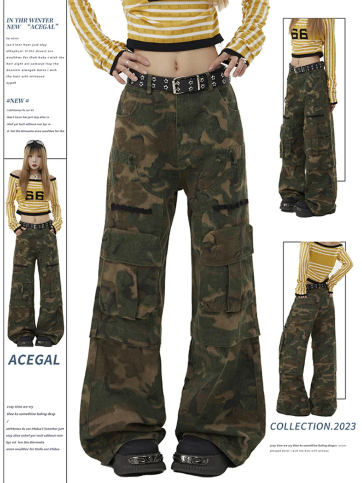 

American Retro Workwear Camouflage Pants Men's Multiple kets Wide Leg Loose Casual Straight Leg Floor-Length Pants