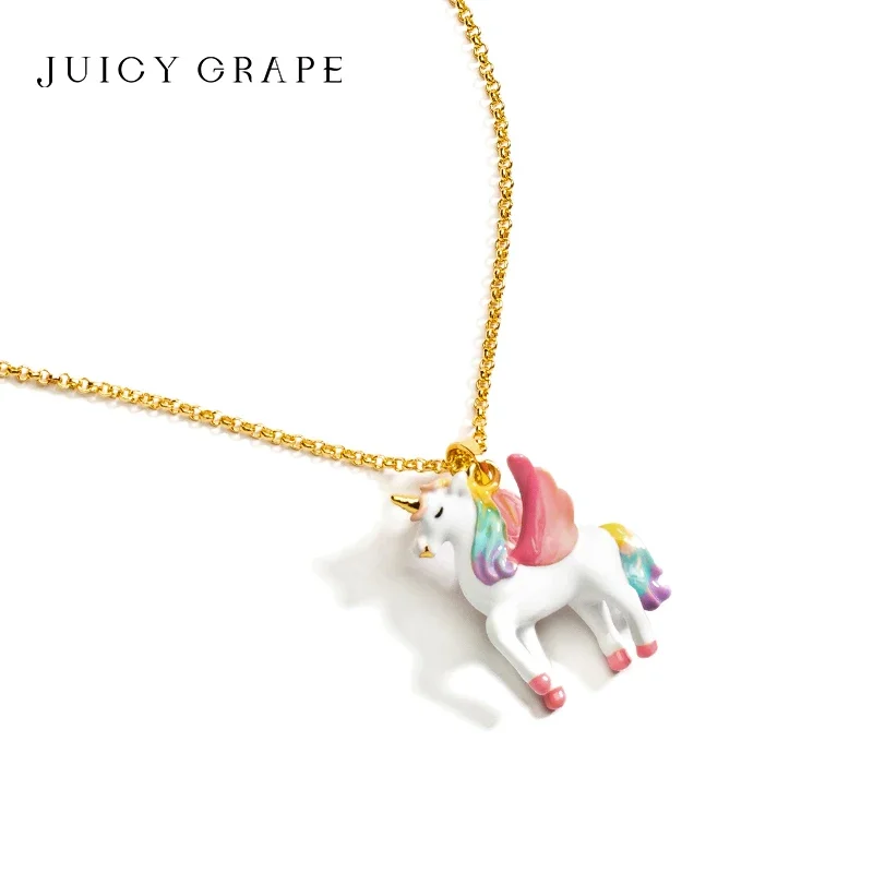 JUICY GRAPE 2026 New Trend Unicorn Pendant Necklace for Women Enamel Handmade 18K Gold Plated Fashion Accessories Jewelry
