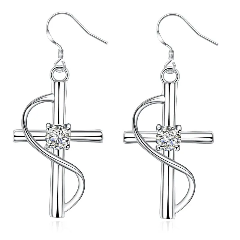 New 925 Sterling Silver 53MM Exquisite Cross Zircon Women Earrings For Fashion Charm Wedding Gift Party Jewelry Wholesale