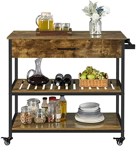 

Kitchen Island on Wheels with Drawer & Shelves, 3-Tier Utility Kitchen Cart with Towel Rack & Lockable Wheels for Dinin Led v V