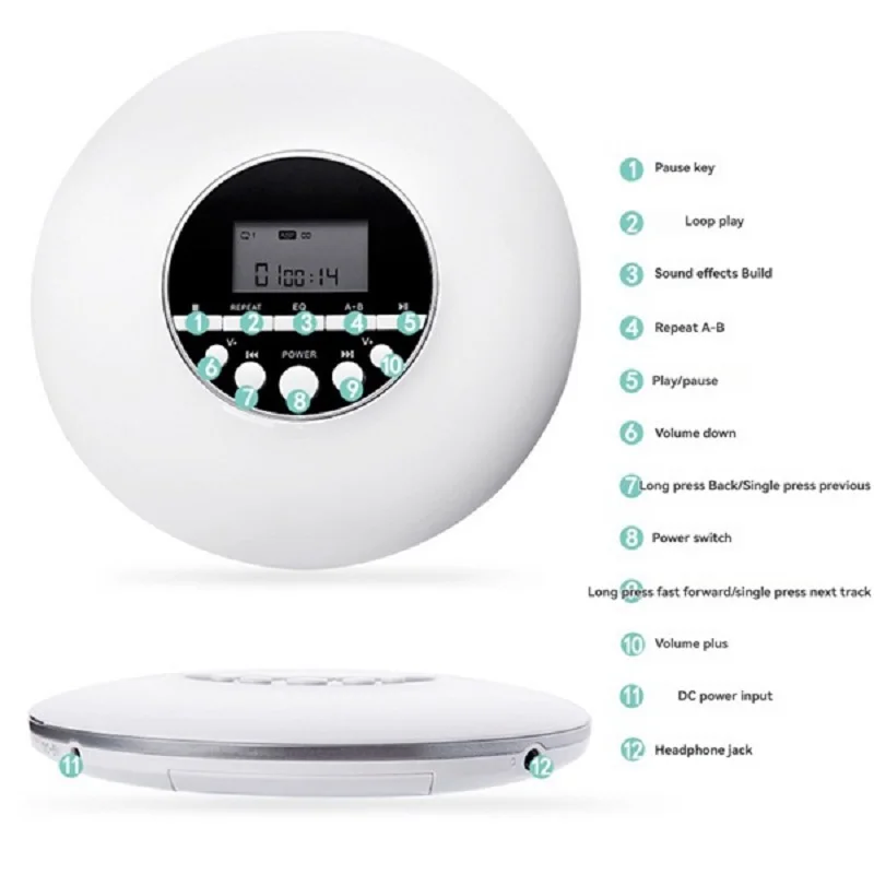 مشغل موسيقى MP3 محمول N18R مع سماعات أذن استريو ومشغل أقراص مضغوطة بإخراج بلوتوث مع شاشة LCD باللون الأبيض