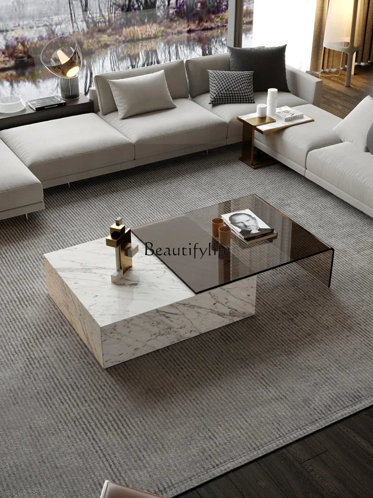 

04tempered glass minimalist small apartment living room Italian light luxury ancient wood grain natural luxury stone