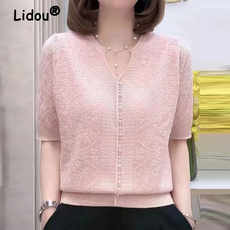 Women Fashion Jacquard Beaded Chic Short Sleeve Ice Silk Knitted T-shirt Summer Ladies Elegant V Neck Loose Solid Pullover Tops