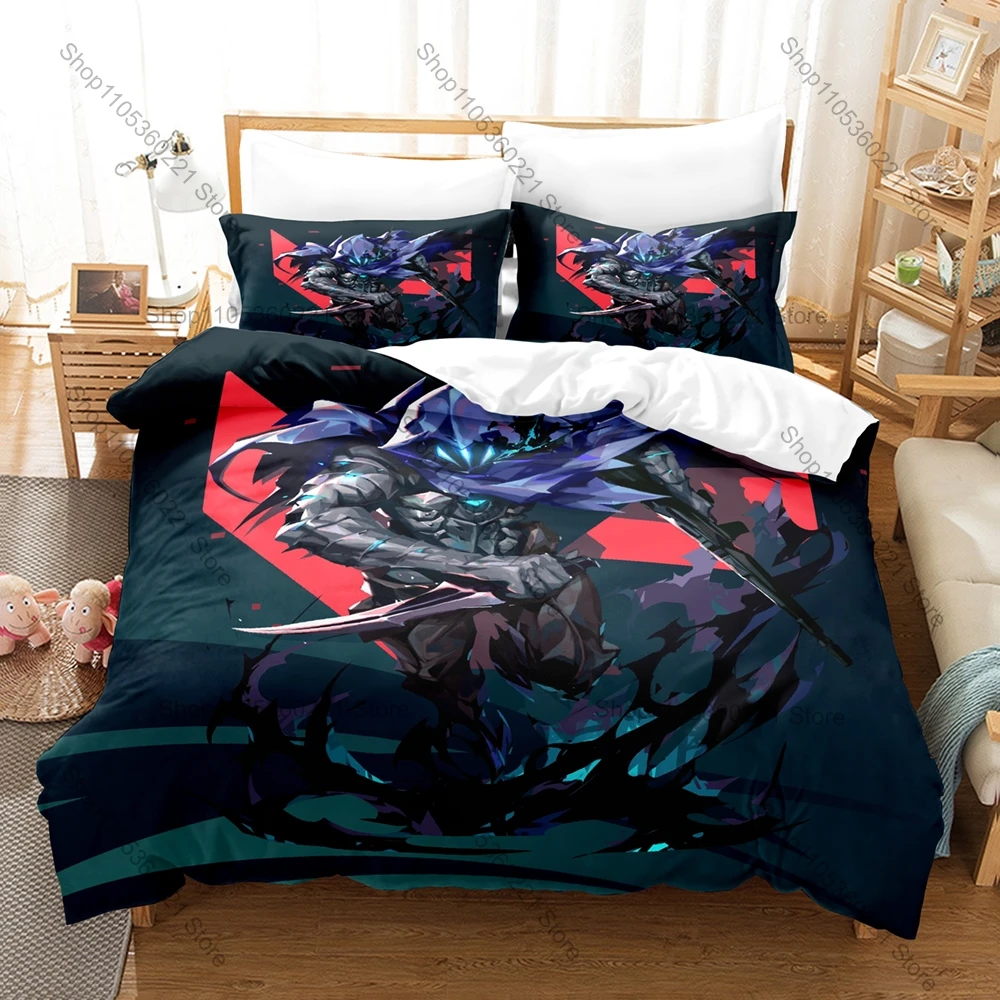 VALORANT Omen Bedding Set 3Pcs 3D Printed Game Duvet Cover & Pillowcases Soft Microfiber Bed Set for Gamer Fans Bedroom Decor