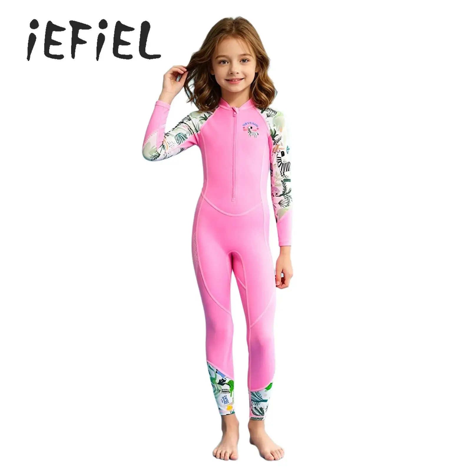

Kids Long Sleeve Wetsuit Girls One Piece Swimsuit Front Zipper Full Coverage Sun Protection Breathable Quick-dry Diving Suits