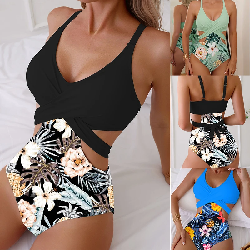 One Pieces Bikini Set Waist Cross Strip  Beach Set Print Flower Shorts Hollow Out Waist Swimwear