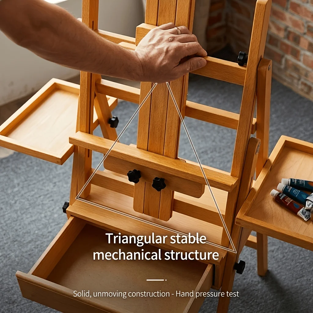 Solid Beech Wood Adjustable Artist Floor Easel with Drawer, Side Trays & Carry Bag for Oil Sketch Watercolor Painting