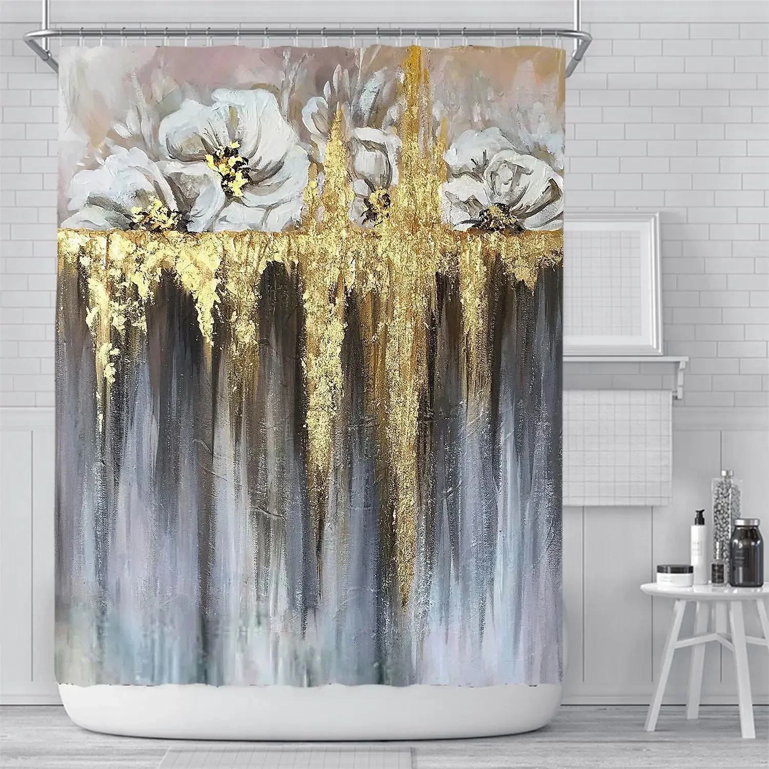 3D Nordic Style Art Painting Golden Shower Curtain Waterproof Bath Curtain Geometric Bath Screen Printed Floral Bathroom Curtain