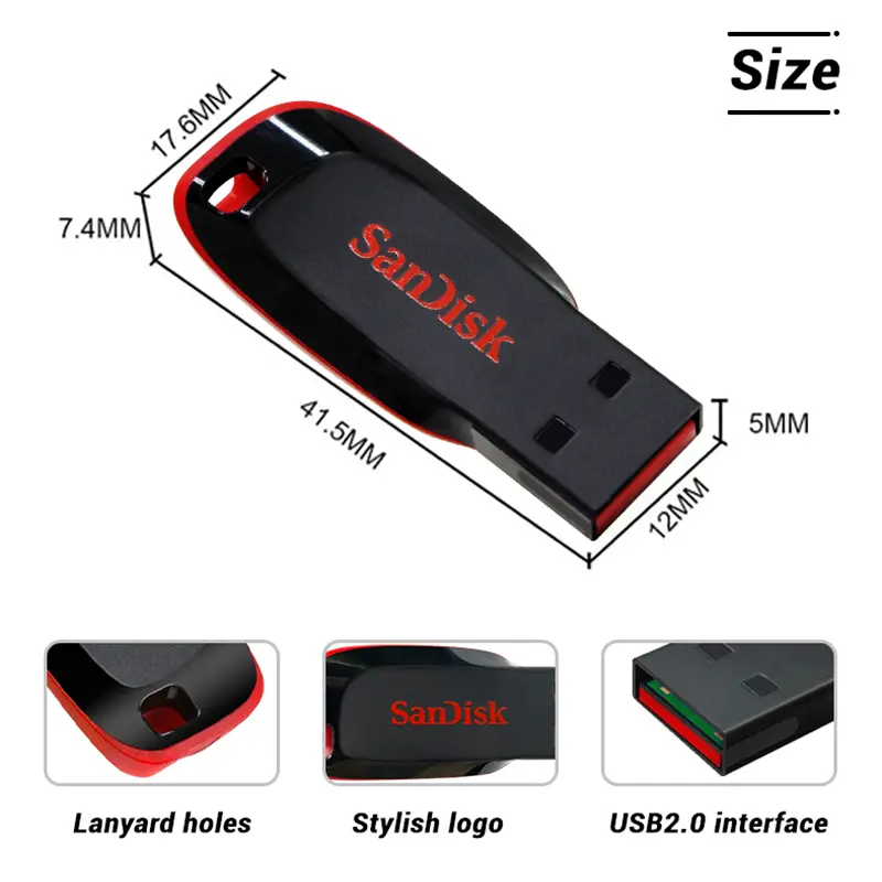 SanDisk Cruzer Blade محرك أقراص فلاش USB أصلي 16 جيجابايت 32 جيجابايت ذاكرة 64 جيجابايت 128 جيجابايت قرص تخزين محمول لأجهزة الكمبيوتر - 6