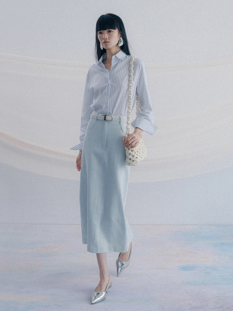 

SOTHEMOS High Waist Silver Tead Anti-Wrinkle Jeans Skirt Light Blue Denim Series Commute Simple Sle Spring Collection