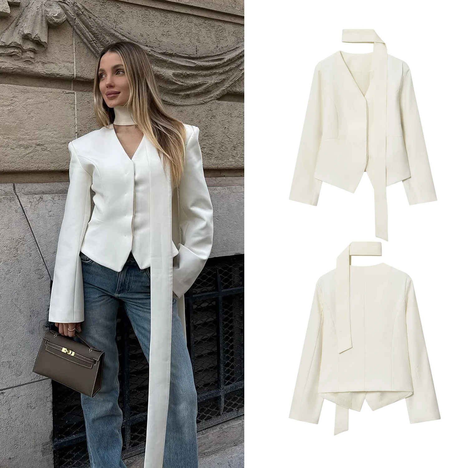 

Women Elegant Blazer Coat Female Scarf Lace-Up V-Neck Long Sleeve Luxury Outwear Sping Autumn Lady Short Jackets Coats