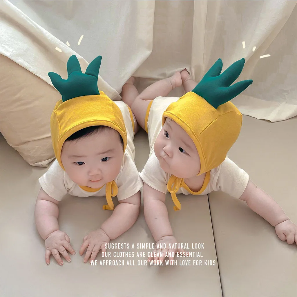 2026 Summer New Baby Short Sleeve Bodysuit + Hat Infant Boy Girl Cute Breathable Pineapple Print Jumpsuit Newborn Clothes 0-24M