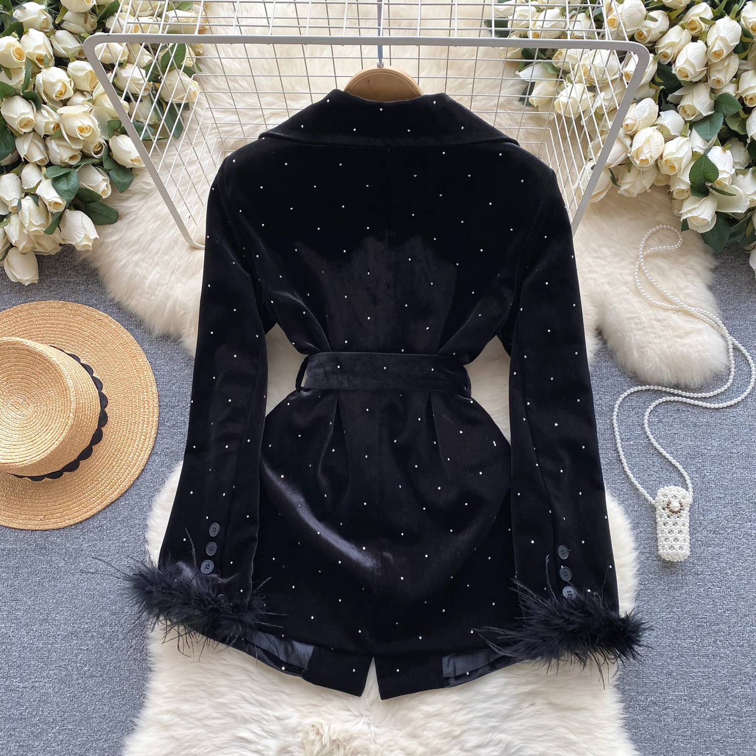 Vintage Rhinestone Button Casual Notched Collar Bandage Women Chic Coat High Street Korean Office Lady Autumn Winter Clothing