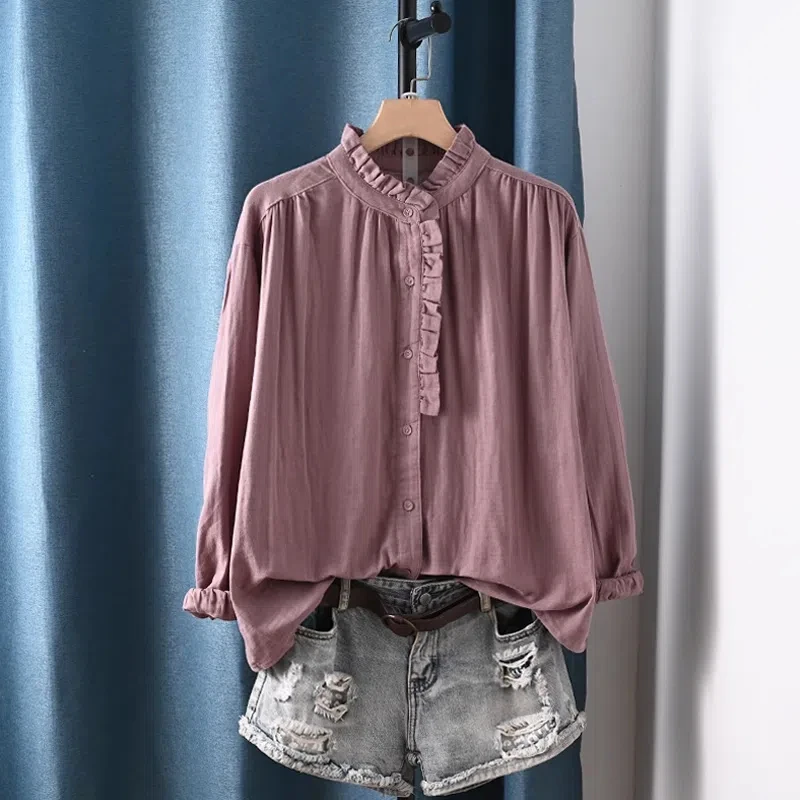 

2025 женские хлопковые рубашки в японском стиле, рубашки и блузки с длинными рукавами и воротником-стойкой для женщин, летние топы, базовые рубашки