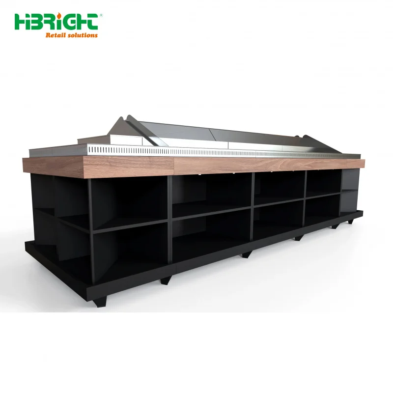 custom.Customized Heavy Duty Double Sided Fruit Vegetable Display Grocery Shelves Supermarket Rack Wood Metal Construction Quick