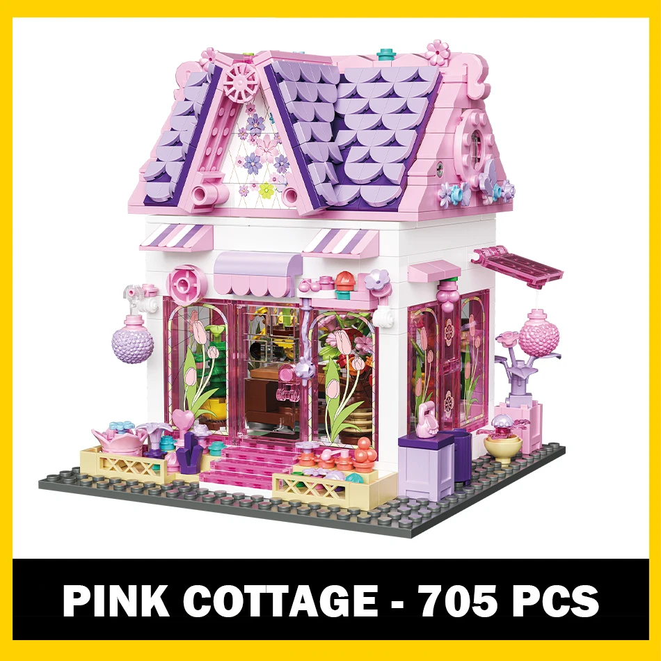 

705Pcs MOC City Pink Cottage Flower Room Construction Model Street View Building Blocks Assembly Bricks Toys Kids Birthday Gifts