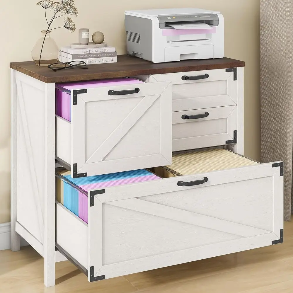 

Rustic White Large Storage Cabinet with Hanging Files and Printer Stand for Home Office