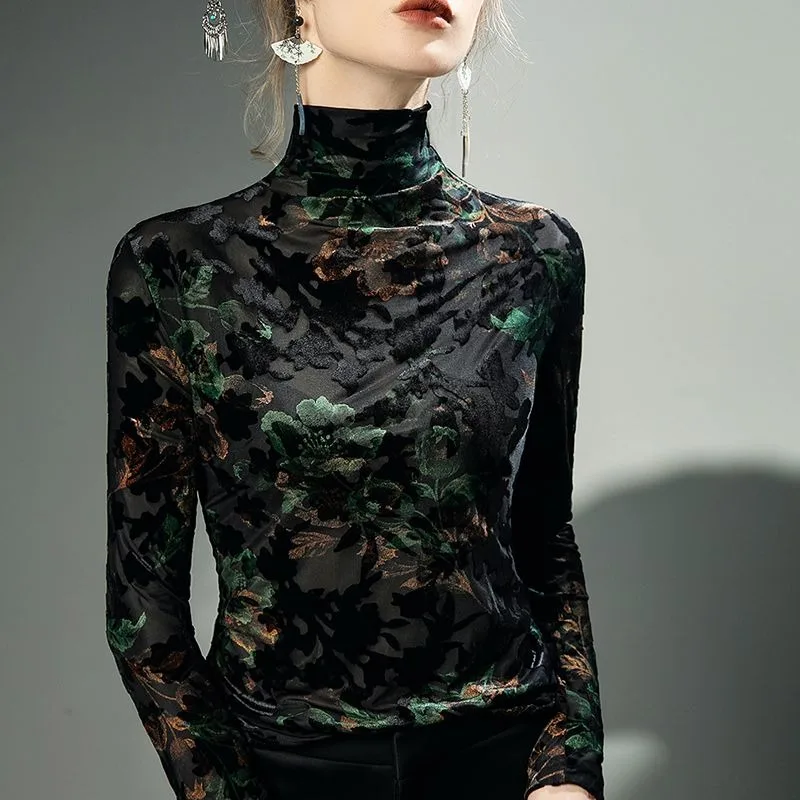 Retro Printed High-neck Base Layer Women Paired New Spring and Autumn Slightly Translucent Sexy Unique and Beautiful Mini Shirt