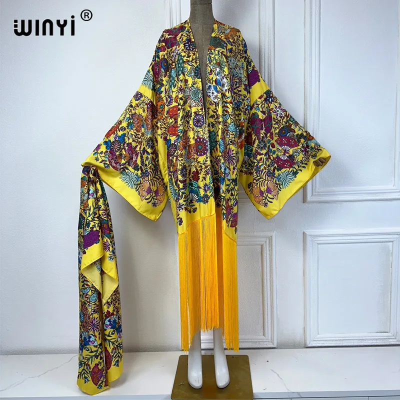 Letnia sukienka w stylu boho WINYI kimono letnia sukienka plażowa artystyczny nadruk osłona do Bikini seksowna wakacyjna sukienka z frędzlami z