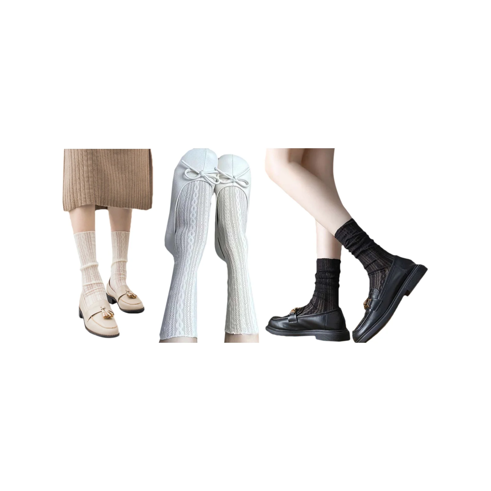 

Комплект из трех цветных носков JK: полосатые, кружевные, сетчатые (бежевый + белый + черный)