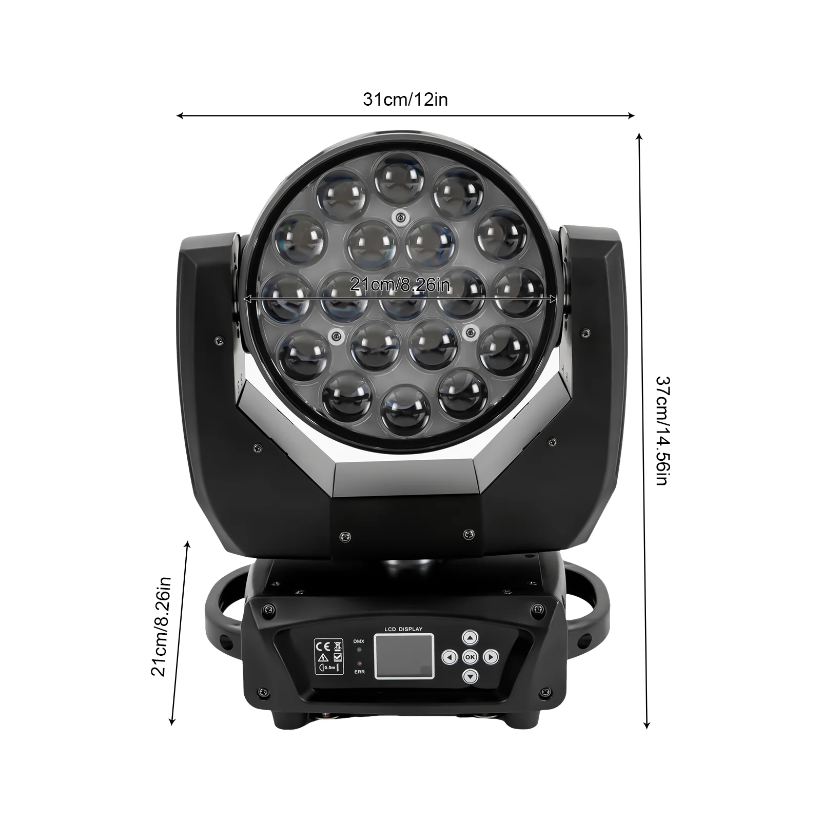 RGBW Moving Head Light, 19 LEDs, DMX512 Control, Voice Control, Strobe Effect, Ideal for Clubs, Parties, and Stage Lighting