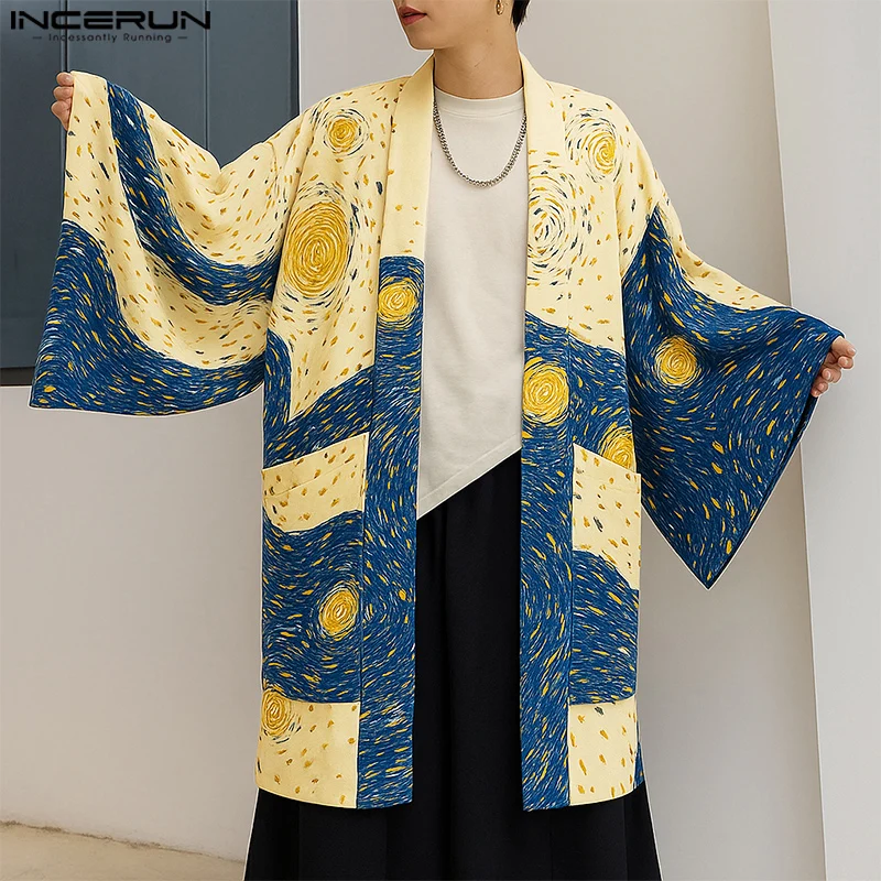 

INCRUN Men Trench Printing Open Stitch Long Sleeve Casual Male Cardigan Streetwear 2025 Loose Fashion Thin Coats Outerwear Men