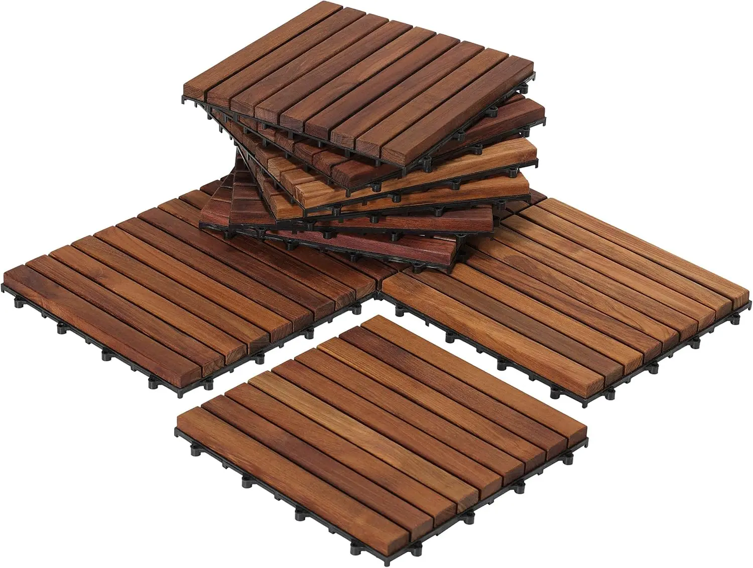 EZ-Floor Interlocking Flooring Tiles in Solid Teak Wood Oiled Finish (Set of 10), Long 9 Slat