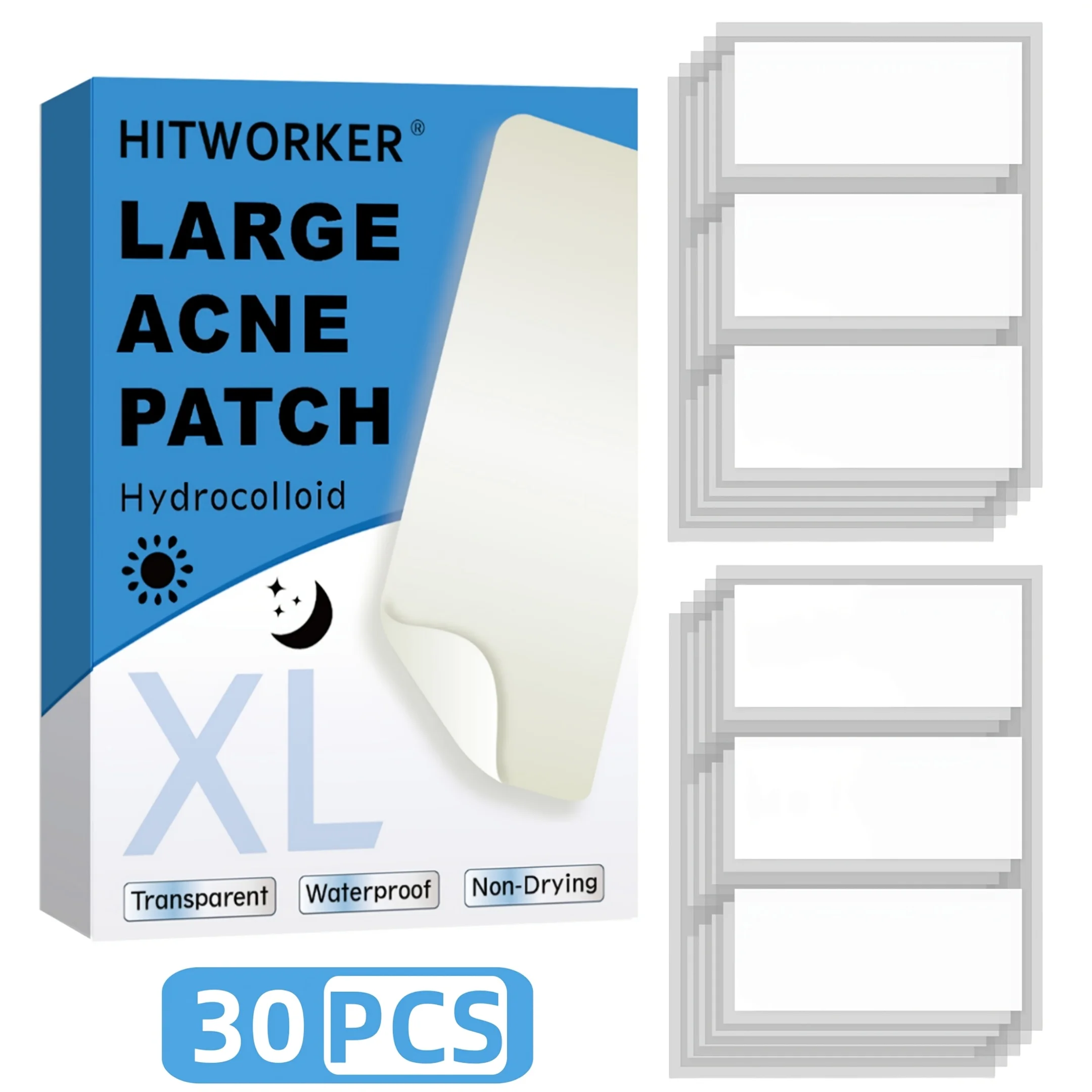 HITWORKER XL Acne Patches (30 Pieces) | Day and Night Repair, Absorbs Secretions, Gentle and Non-Irritating | Invisible Waterpro