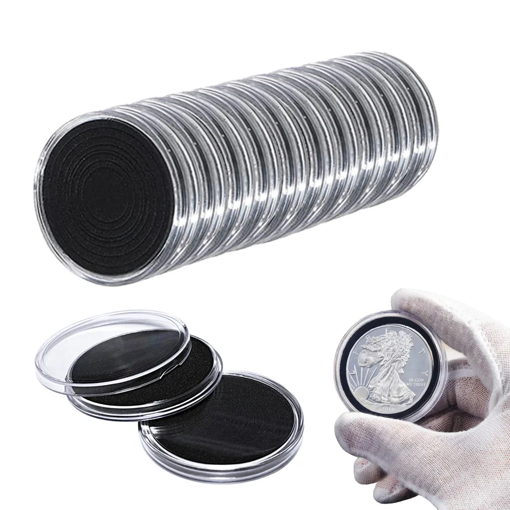 10PCS Transparent Plastic Coin Capsule Case Storage Holder with Black Gasket for 16/20/25/27/30/35/40/46mm Dia. Coin Organizer