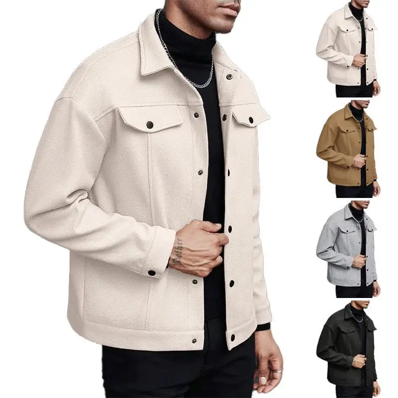 Men's Woolen Sporty Casual Coat Lapel Jacket Business Style Long Sleeve PU Material Daily Wear Cross-Border Autumn Winter New...