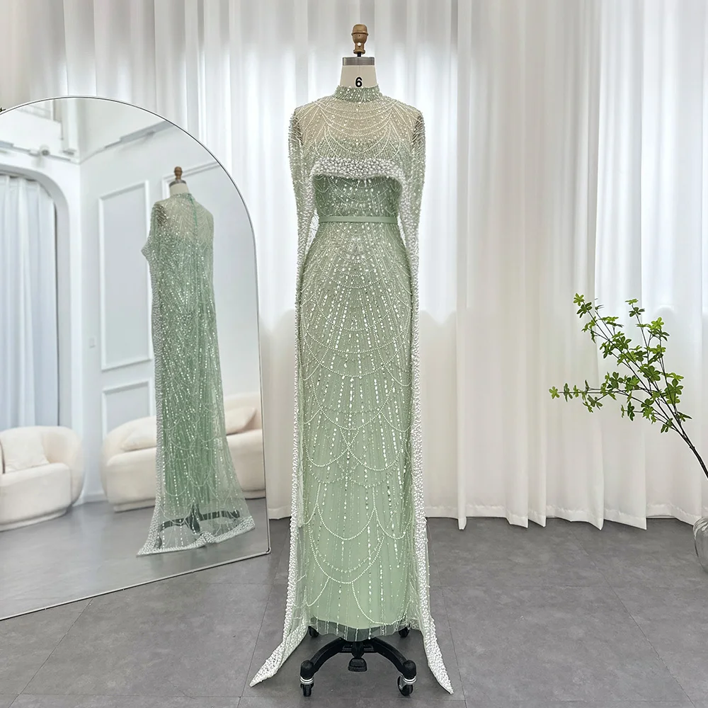 Sharon Said Luxus-Perlen Dubai Champagner Meerjungfrauen-Abendkleider mit Cape-Ärmeln Arabisches Hochzeits- und Abschlussballkleid SS369 Maßanfertigung – Detail 16